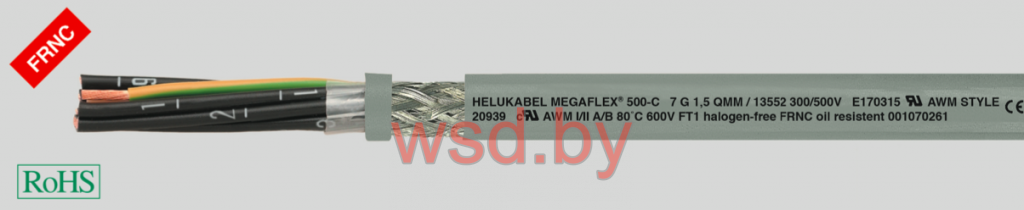 Кабель MEGAFLEX 500-C ® безгалогеновый, трудновоспламеняемый, маслостойкий, устойчивый к УФ-излучению, гибкий, экранированный, ЭМС, с разметкой метража 18G0.75